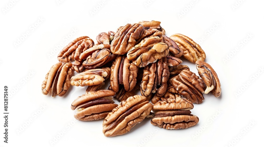 Fresh pecans isolated on white background Nuts scattered Top view Vertical layout Package design element with clipping path : Generative AI Fresh pecans isolated on white background Nuts scattered Top view Vertical layout Package design element with clipping path : Generative AI