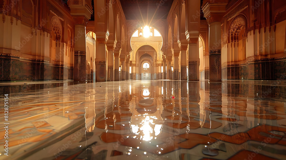 mosque with sunlight reflection on wet ground mosque with sunlight reflection on wet ground