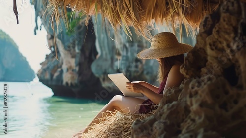 Traveler woman relaxing on straw nests using tablet at Railay beach Krabi Asia business people on vacation at resort work with computer notebook Tourist travel Phuket Thailand summer h : Generative AI photo