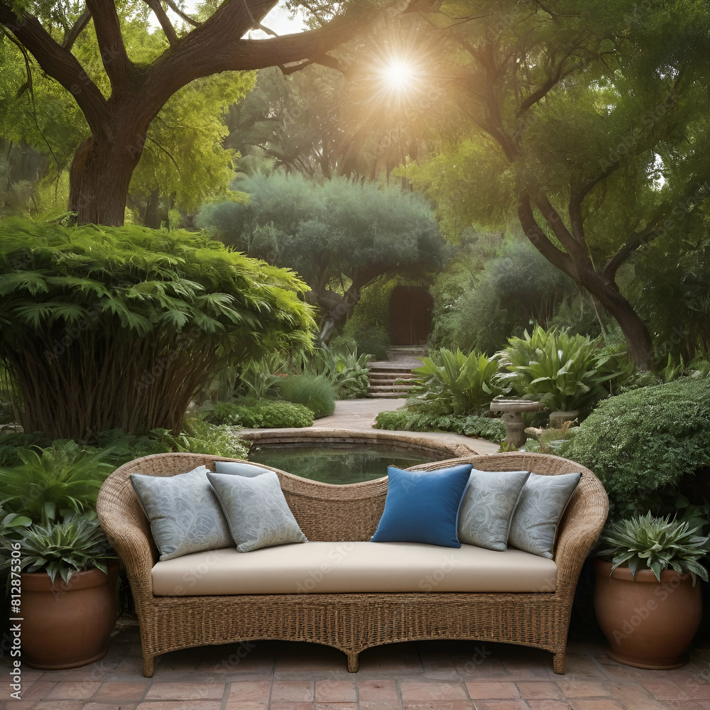 Fototapeta premium Cozy outdoor garden scene featuring a wicker sofa with cushions placed under lush trees and by a small pond. Gardening concept