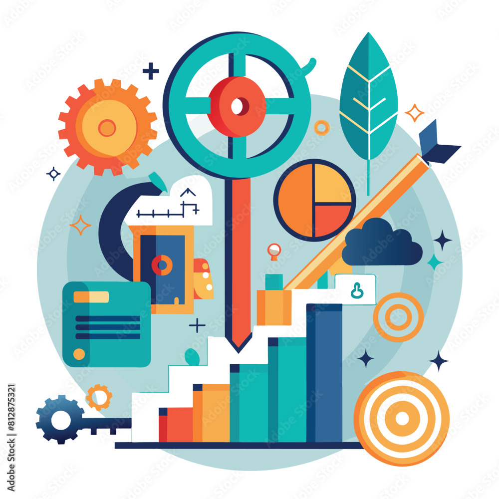 A graphic displaying a bar graph with a clock and various other items for data analysis and time tracking, A sleek design incorporating a key element related to financial planning and management A graphic displaying a bar graph with a clock and various other items for data analysis and time tracking, A sleek design incorporating a key element related to financial planning and management
