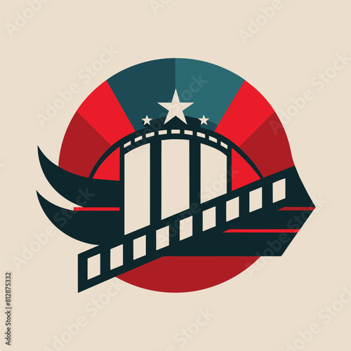 A logo in red, white, and blue colors featuring a film strip design, A sleek design symbolizing the essence of cinema, minimalist logo