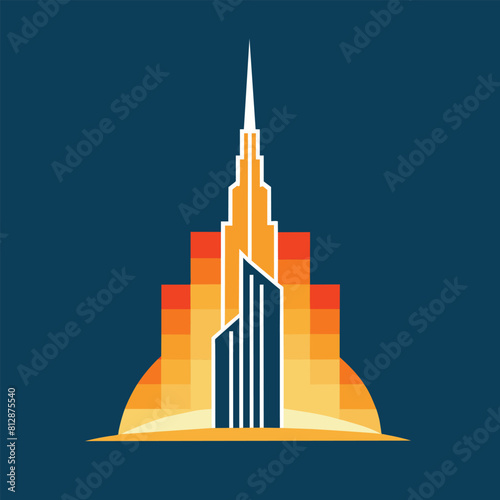 A tall building with a spire reaching into the sky, resembling the iconic Burj Khalifa in Dubai, A sleek representation of the Burj Khalifa in Dubai, minimalist logo