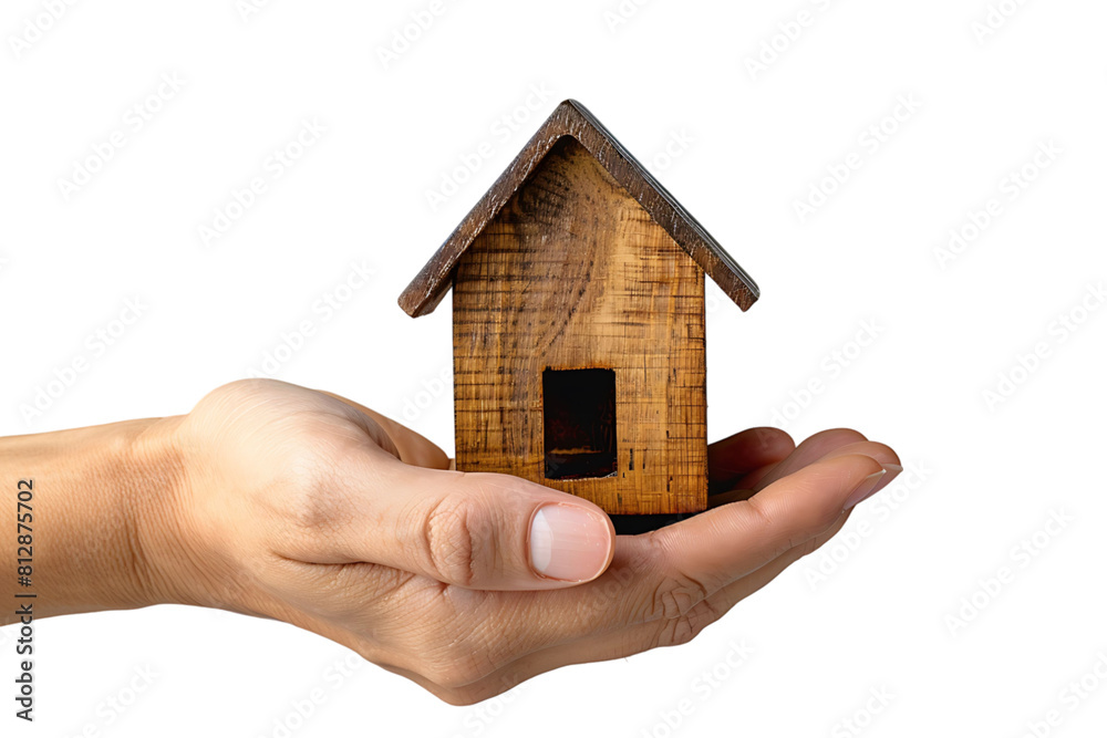 Hand holding a small simple house on isolated transparent background Hand holding a small simple house on isolated transparent background