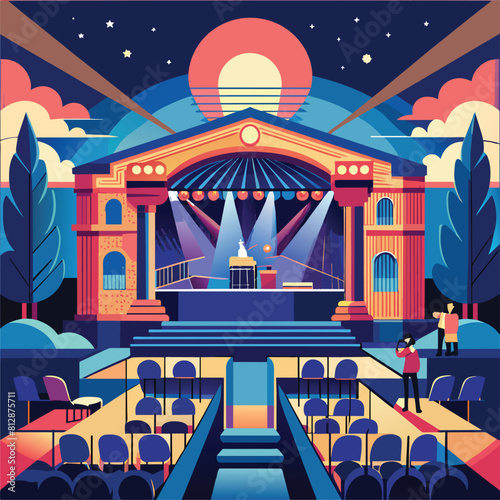 A stage prepared with lighting and equipment for a music concert, A sophisticated music venue with a minimalist design and top-notch acoustics