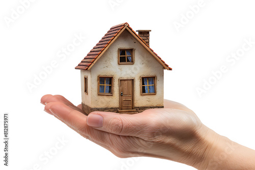 Hand holding a small simple house on isolated transparent background