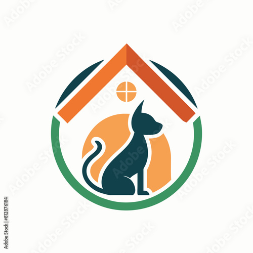 A dog sits obediently in front of a house, looking alert and attentive, A subtle nod to pet sitting with a small house icon, minimalist logo