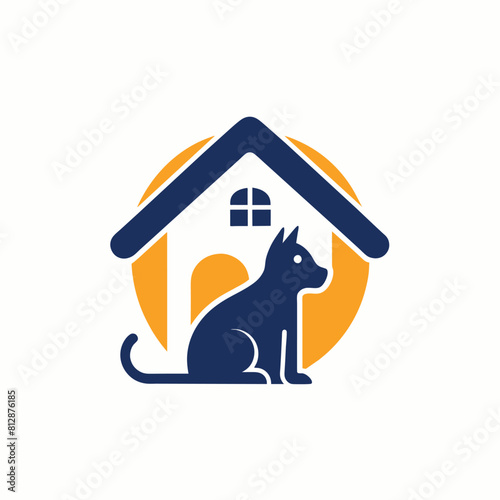 A dog and cat are sitting together in front of a house, A subtle nod to pet sitting with a small house icon, minimalist logo