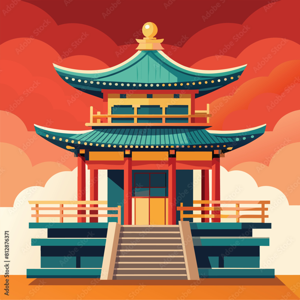 A Chinese building with stairs leading up to it, showcasing traditional architecture, A traditional Japanese temple design with a pagoda roof and wooden beams