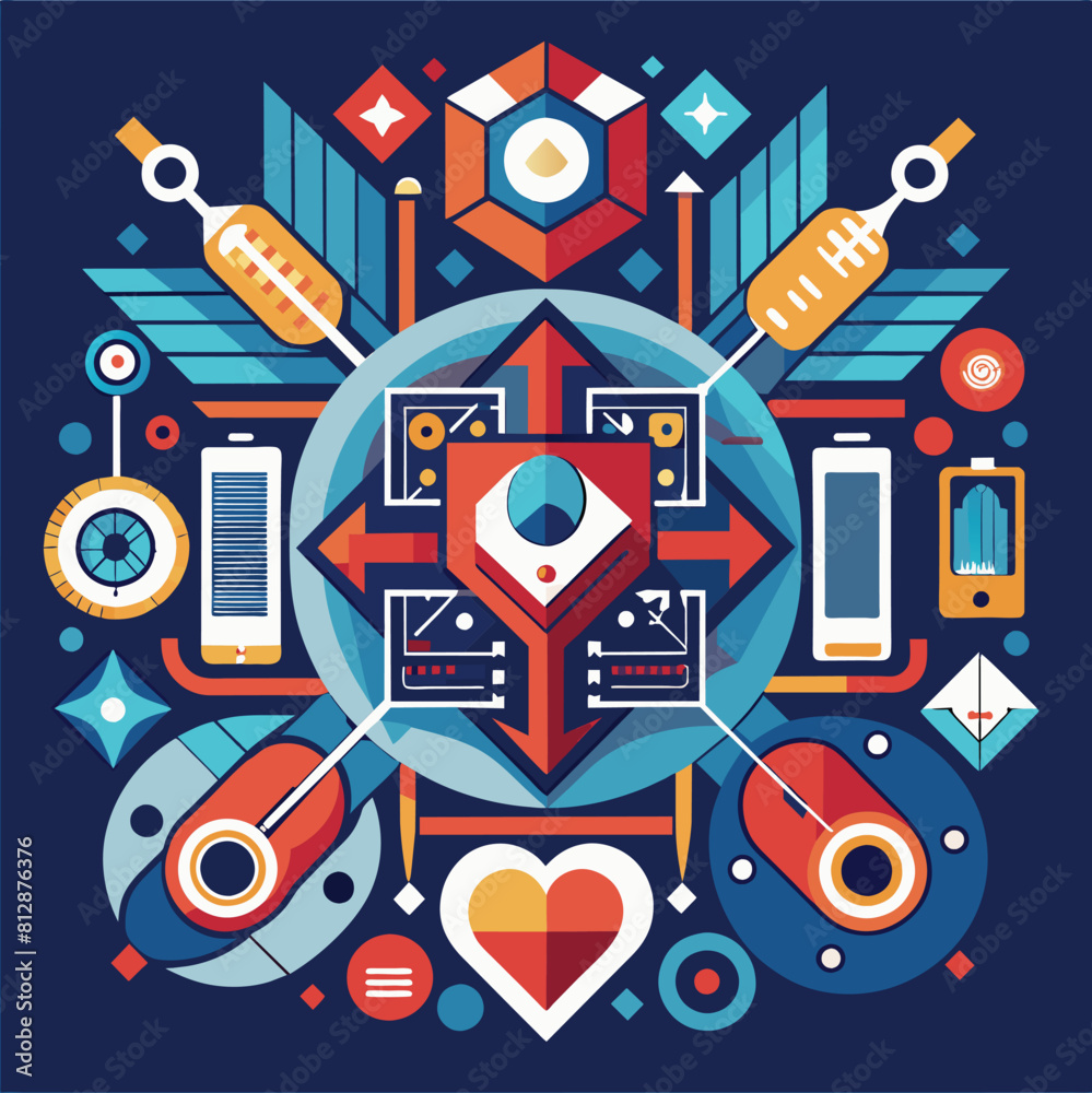 Symmetrical layout featuring different items arranged in a circle, symbolizing harmony and precision, A symmetrical layout symbolizing harmony and precision in technology Symmetrical layout featuring different items arranged in a circle, symbolizing harmony and precision, A symmetrical layout symbolizing harmony and precision in technology