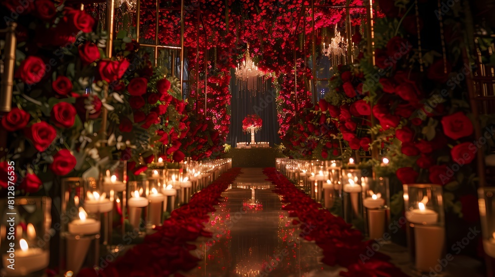 The enchanting ambiance of a wedding chamber embellished with velvety red roses and shimmering candles, against a backdrop of pure white, radiating love and sophistication