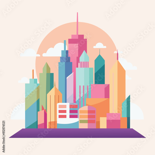 City skyline with abstract buildings in pastel colors under fluffy clouds, Abstract city skyline in pastel colors, minimalist logo