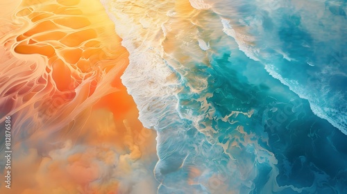 Aerial watercolor of a long river flowing from ocean to beach at sunset