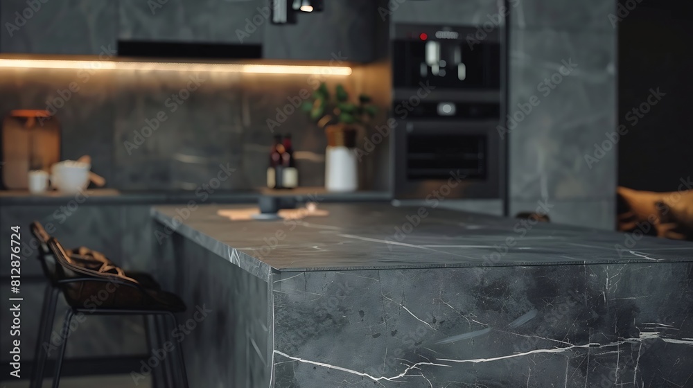 Modern luxury apartment with a free layout in a loft style in gray and dark colors Stylish kitchen area with an island marble countertop : Generative AI Modern luxury apartment with a free layout in a loft style in gray and dark colors Stylish kitchen area with an island marble countertop : Generative AI