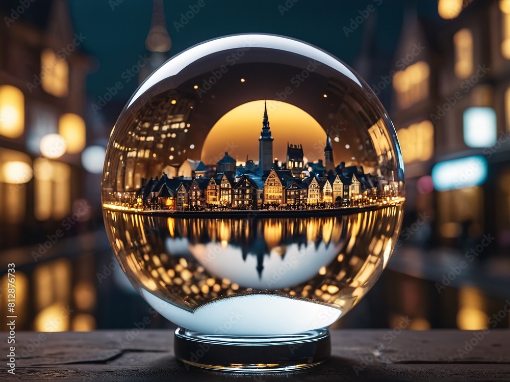 Festive glass balls like miniature planets cast a warm glow on a restaurant table at night Festive glass balls like miniature planets cast a warm glow on a restaurant table at night