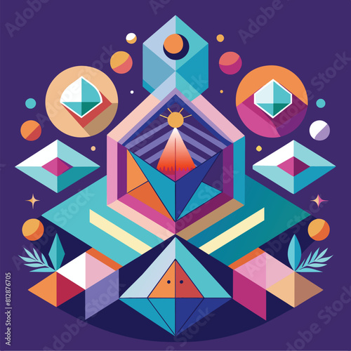 Abstract poster featuring geometric shapes in various colors on a vibrant purple background, Abstract geometric shapes representing growth and stability