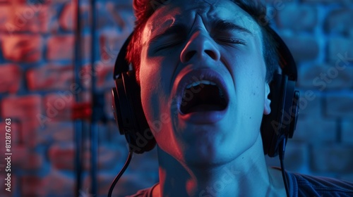 Young man sings his favorite song in his headphones hyper realistic  photo