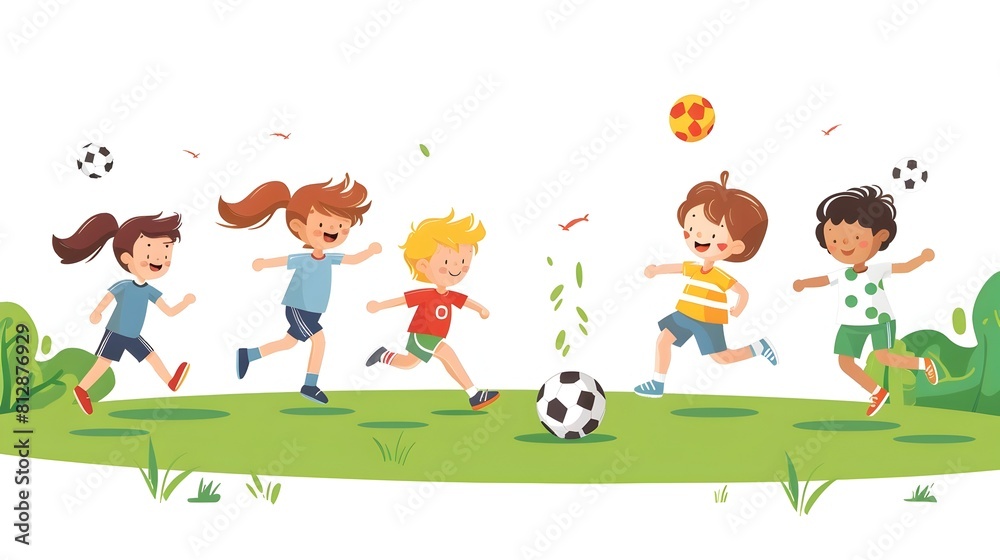Energetic Kids Playing Outdoor Soccer Game on Grassy Field Energetic Kids Playing Outdoor Soccer Game on Grassy Field