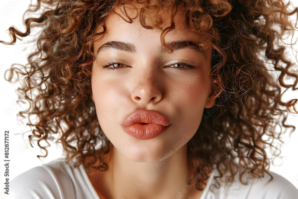Headshot of girl with curly hairstyle wearing t-shirt send air kiss pouted lips on isolated transparent background Headshot of girl with curly hairstyle wearing t-shirt send air kiss pouted lips on isolated transparent background