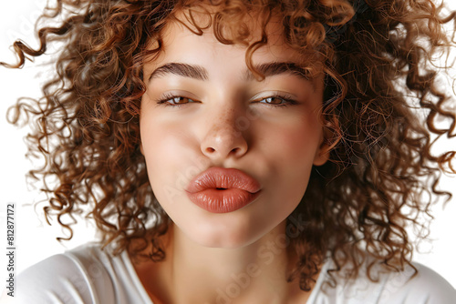 Headshot of girl with curly hairstyle wearing t-shirt send air kiss pouted lips on isolated transparent background