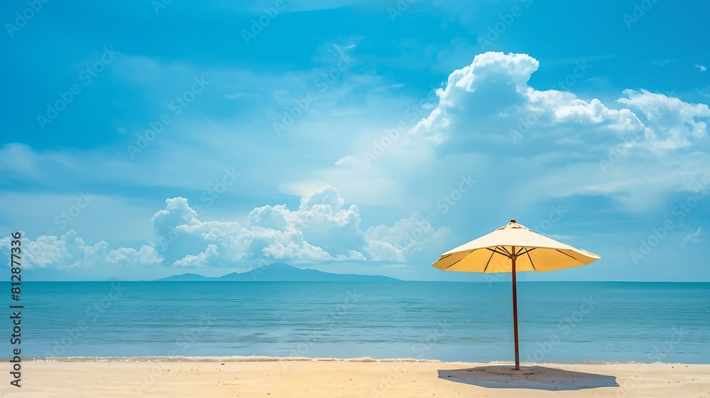 Sun umbrella and house on sandy beach blue sky and sea in the background Investment in resort real estate concept Dream vacation at sea Copy space : Generative AI Sun umbrella and house on sandy beach blue sky and sea in the background Investment in resort real estate concept Dream vacation at sea Copy space : Generative AI