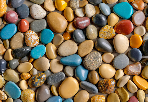 Background of multicolored sea polished stones. Colorful Beach Pebbles Background