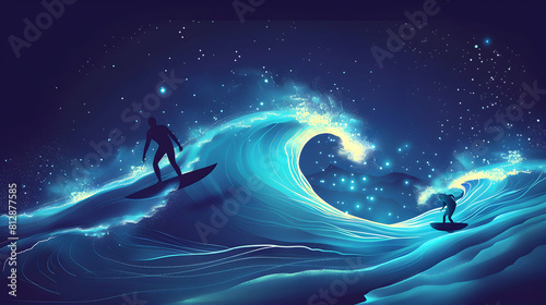 Surfing under Bioluminescent Skies Surfers catch waves under starlit sky and ocean luminescence Isometric Flat Design