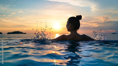 Black silhouette of asian woman splash water on summer vacation holiday relaxing in infinity swimming pool with blue sea sunset view Healthy happiness lifestyle   Generative AI