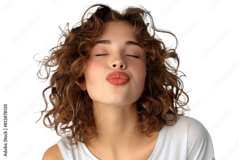 Headshot of girl with curly hairstyle wearing t-shirt send air kiss pouted lips on isolated transparent background Headshot of girl with curly hairstyle wearing t-shirt send air kiss pouted lips on isolated transparent background