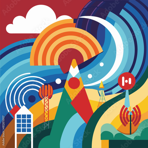 A colorful painting showcasing a vibrant landscape under a red sky, An abstract interpretation of broadcasting waves for a multimedia news network