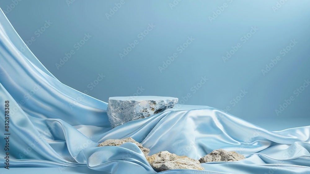 A broken stone podium displayed on a light blue background decorated with a luxurious fabric Empty space for cosmetic product presentation : Generative AI A broken stone podium displayed on a light blue background decorated with a luxurious fabric Empty space for cosmetic product presentation : Generative AI