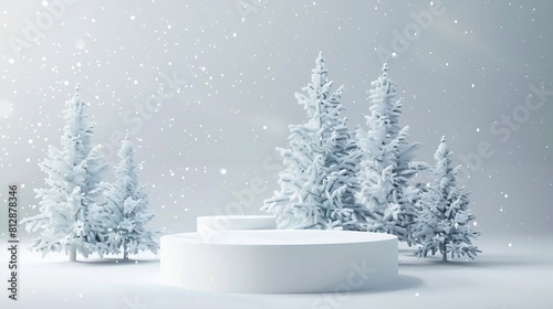 White podium with fir trees and falling snow Display for winter holidays New Year and Christmas product presentation : Generative AI