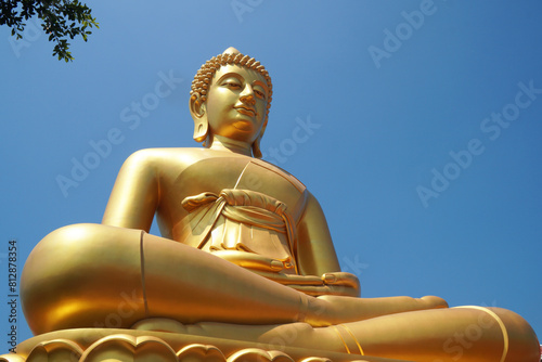 Big Golden Buddha Dhammakaya Tep Mongkol Buddha at Paknam Bhasicharoen temple or Wat Paknam Bhasicharoen in Bangkok Thailand - Landmark Famous sculpture statue in Thailand Temple