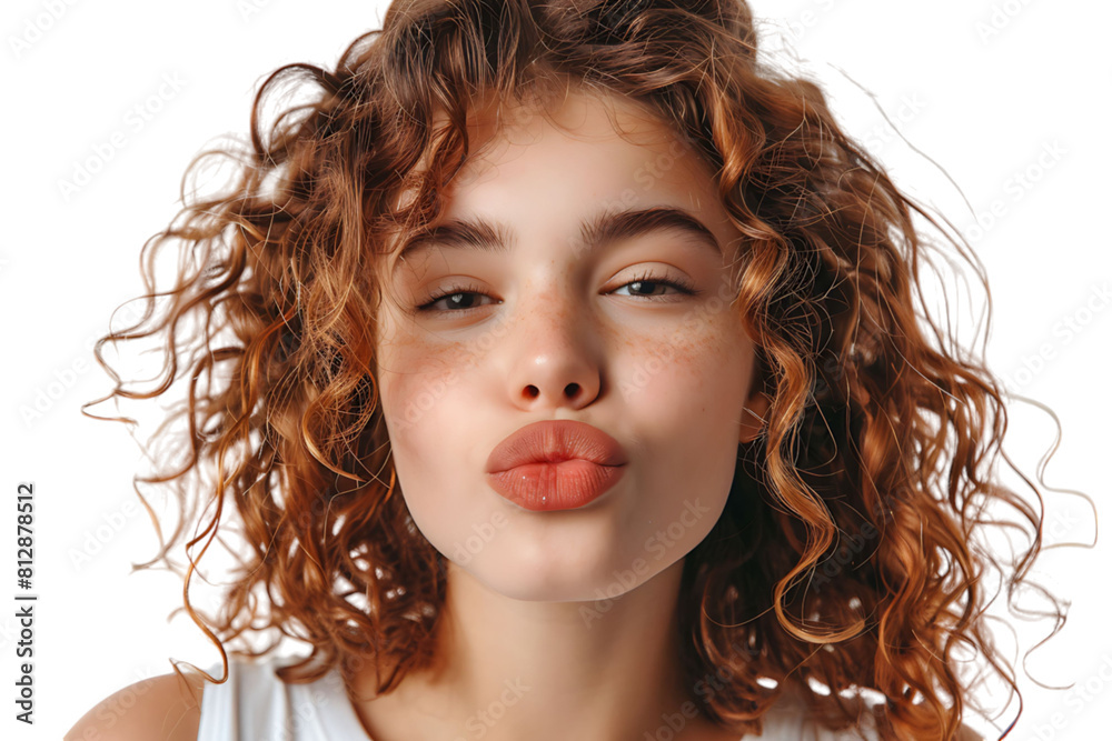 Headshot of girl with curly hairstyle wearing t-shirt send air kiss pouted lips on isolated transparent background Headshot of girl with curly hairstyle wearing t-shirt send air kiss pouted lips on isolated transparent background