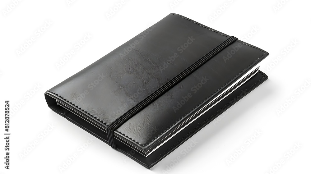 Black leather notebook mockup with elastic isolated on white background Top view Clipping path : Generative AI Black leather notebook mockup with elastic isolated on white background Top view Clipping path : Generative AI