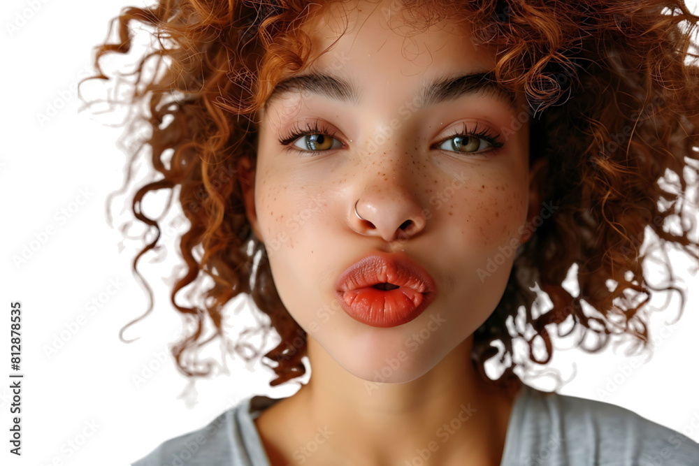 Headshot of girl with curly hairstyle wearing t-shirt send air kiss pouted lips on isolated transparent background