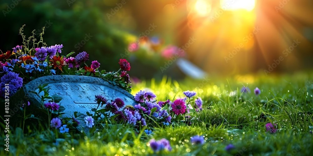 Obraz premium Memorial Headstone with Flowers on Green Lawn in Natural Light for Memorial Day: A Tribute to Remember. Concept Memorial Day Tribute, Headstone Photography, Flower Arrangement