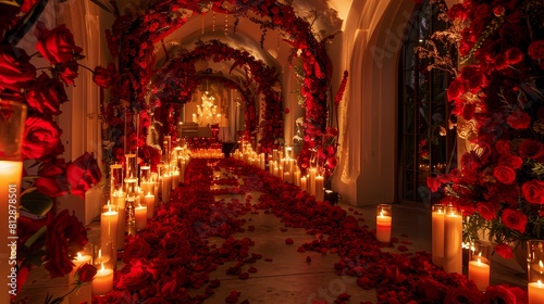 The mesmerizing allure of a wedding room adorned with crimson roses and softly glowing candles  against a backdrop of pure white  evoking feelings of love and enchantment