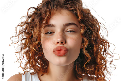 Headshot of girl with curly hairstyle wearing t-shirt send air kiss pouted lips on isolated transparent background