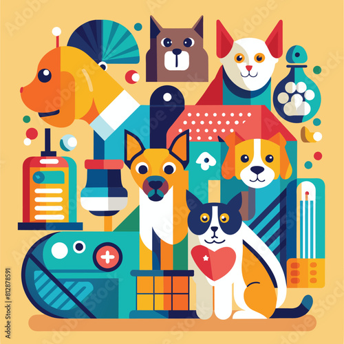 A group of dogs and cats sitting together in close proximity, An abstract representation of various pets and their accessories