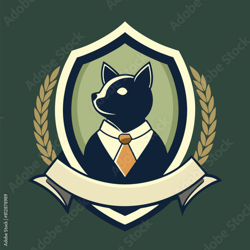 A dog adorned in a formal suit and tie, accessorized with a ribbon around its neck, An elegant emblem featuring a pet collar, minimalist logo