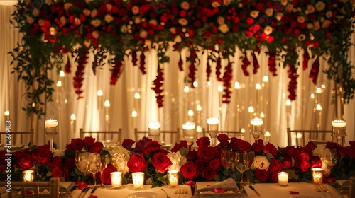 The romantic allure of a wedding space adorned with crimson roses and glowing candles, set against a backdrop of pristine white, evoking feelings of love and enchantment