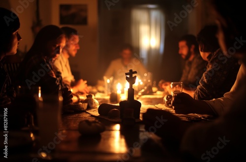 Candlelit seance in dark room