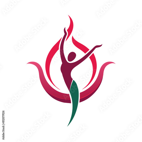 A woman standing with her arms lifted upwards, An elegant symbol for a gymnastics team, minimalist logo
