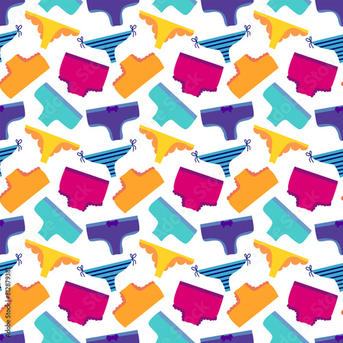 Seamless Pattern with women panties. Underwear types string, thong, tanga, bikini. Cheeky, hipster, classic brief, slip, retro high waist or slimming underclothing. Flat vector illustration.