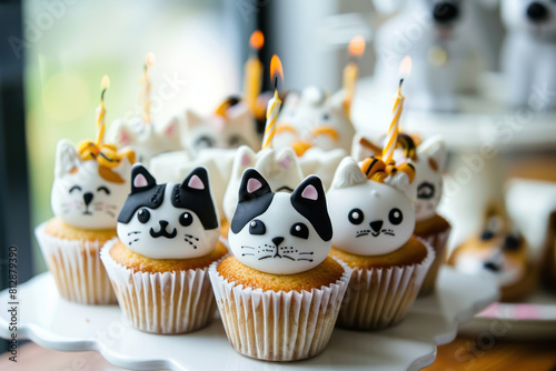 adorable cat themed cupcakes with lit candles for a celebration