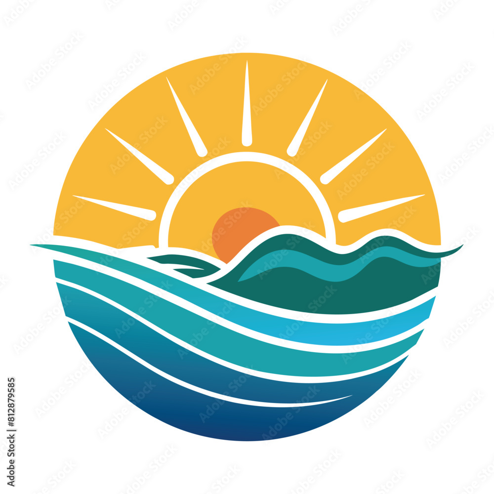 The sun is setting over the ocean, creating a beautiful scene with waves crashing against the shore, Beach or coast logo in simple sun and ocean shape