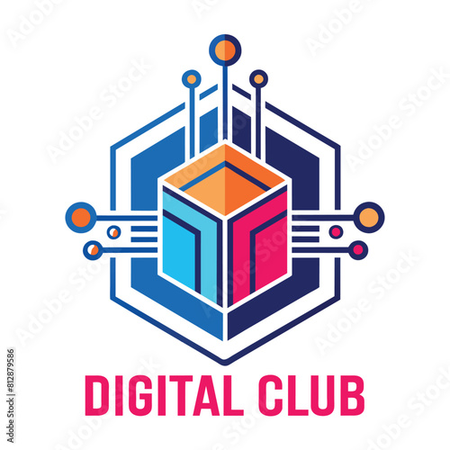 A digital club logo featuring innovative design elements and vibrant colors, Basic illustration of a digital technology hub, minimalist logo