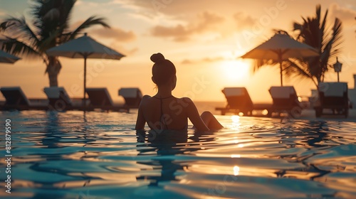 Woman relaxing by the pool in a luxurious beachfront hotel resort at sunset enjoying perfect beach holiday vacation : Generative AI © Generative AI