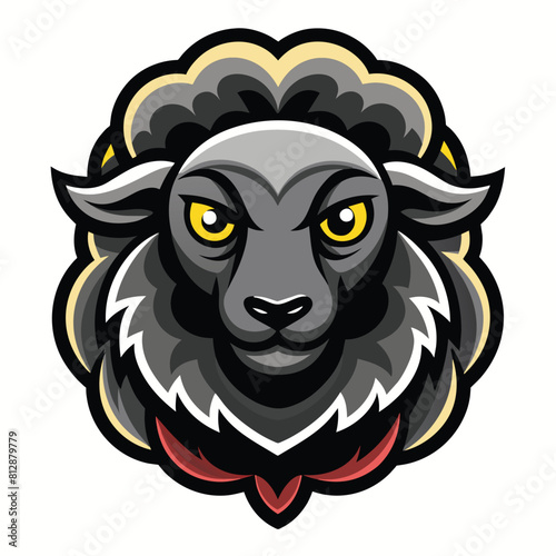 A close-up view of a black sheeps head featuring striking yellow eyes, showcasing its distinctive and unique appearance, Black Sheep Logo Mascot, Distinctive Illustration Vector Graphic